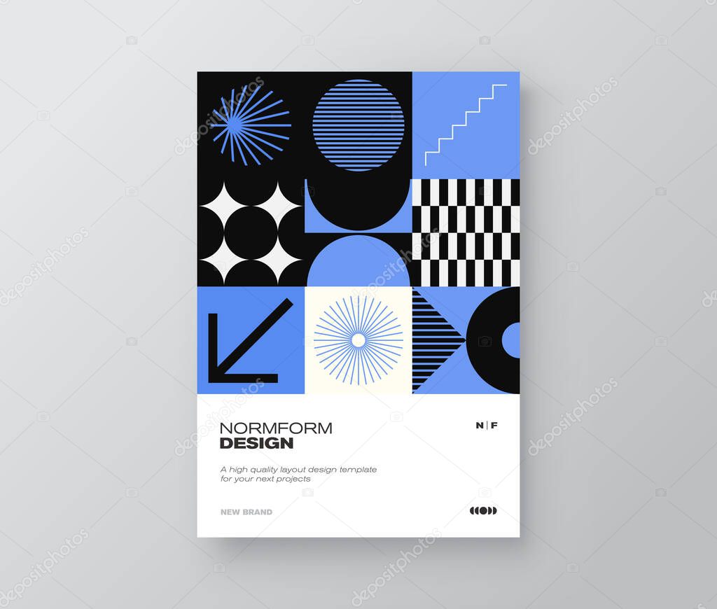 Contemporary graphic design of book vector cover mockup created in modernism and minimalistic brutalism style, useful for poster art, magazine front page, poster, web banner artwork.