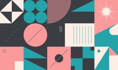 Neo Modernizm, soyut vektör geometrik şekil ve formlarla yapılmış. Basit form cesur grafik tasarımı, web sanatı, davetiye kartları, posterler, baskılar, tekstil, arka plan için kullanışlı.