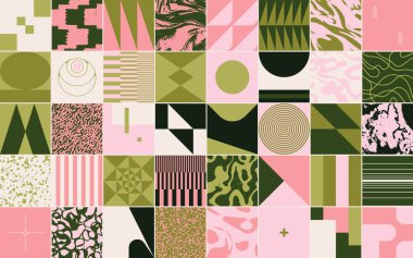 Soyut vektör geometrik şekilleri ve organik doğal dokuları olan modaya uygun çizimler. Basit form cesur grafik tasarımı, web sanatı, davetiye kartları, posterler, baskılar, tekstil, arka plan için kullanışlı