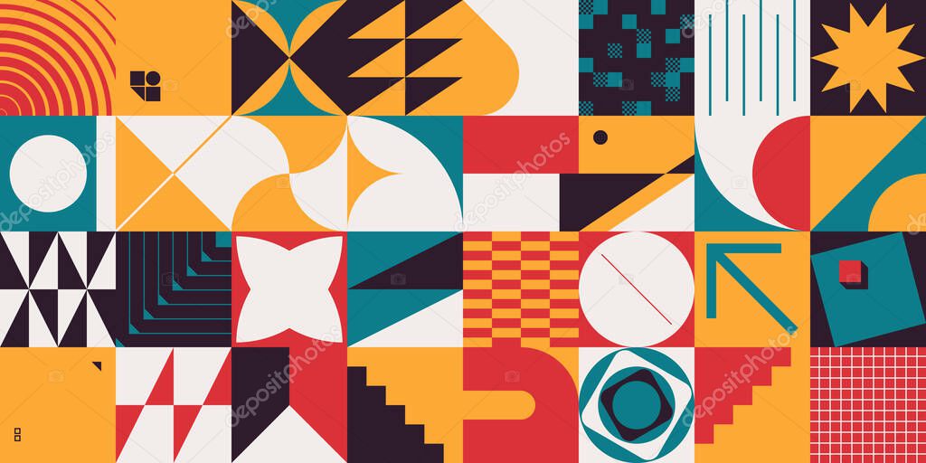 Brutalism art inspired abstract vector pattern made with simple geometric shapes and forms. Bold form graphic design, useful for web art, invitation cards, posters, prints, textile, backgrounds.