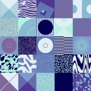 New retro aesthetics in abstract pattern design composition. Art deco inspired vector graphics collage made with simple geometric shapes and grunge textures, useful for poster art and digital prints. clipart