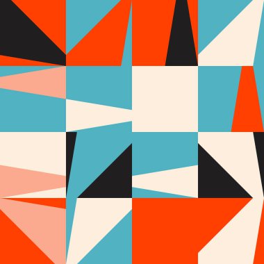 Basit üçgen geometrik şekillerle yapılmış kusursuz geometrik desen tasarımı. Soyut vektör bileşimi grafikleri, dekorasyon, duvar kağıtları, tekstil, kapaklar, baskılar, ambalaj kağıtları vs. için kullanışlı.