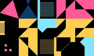 Parlak renkli geometrik şekillerle yapılmış vektör soyut teknolojik elementlerin dijital kolajı, web arkaplanı, poster tasarımı, dergi ön sayfası, yüksek teknoloji baskısı, kapak resmi.