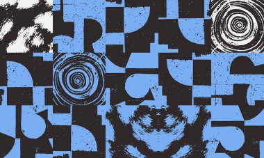 Soyut model tasarım kompozisyonunda yeni grunge estetiği. Basit geometrik şekiller ve dengeli dokularla yapılmış, poster sanatı ve dijital baskı için kullanışlı Brutalist ilhamlı vektör grafikleri kolajı.