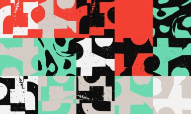 Soyut model tasarım kompozisyonunda yeni grunge estetiği. Basit geometrik şekiller ve dengeli dokularla yapılmış, poster sanatı ve dijital baskı için kullanışlı Brutalist ilhamlı vektör grafikleri kolajı.