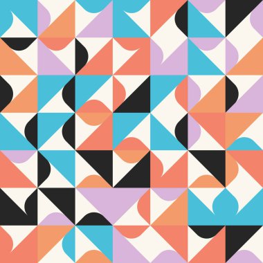Basit şekiller ve parlak ve canlı renklerden oluşan soyut geometrik vektör deseni. Geometrik kompozisyon, web tasarımı için kullanışlı, kartvizit, davet, poster, tekstil baskısı, arkaplan.