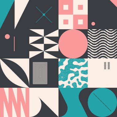 Soyut dekonstrüksiyon şekilleriyle dijital kolaj vektör çizimleri ve çeşitli arkaplanlar, poster sanatı, tekstil tasarımı, dekoratif baskılar, davetiye mektupları vs. için harika grafikler..