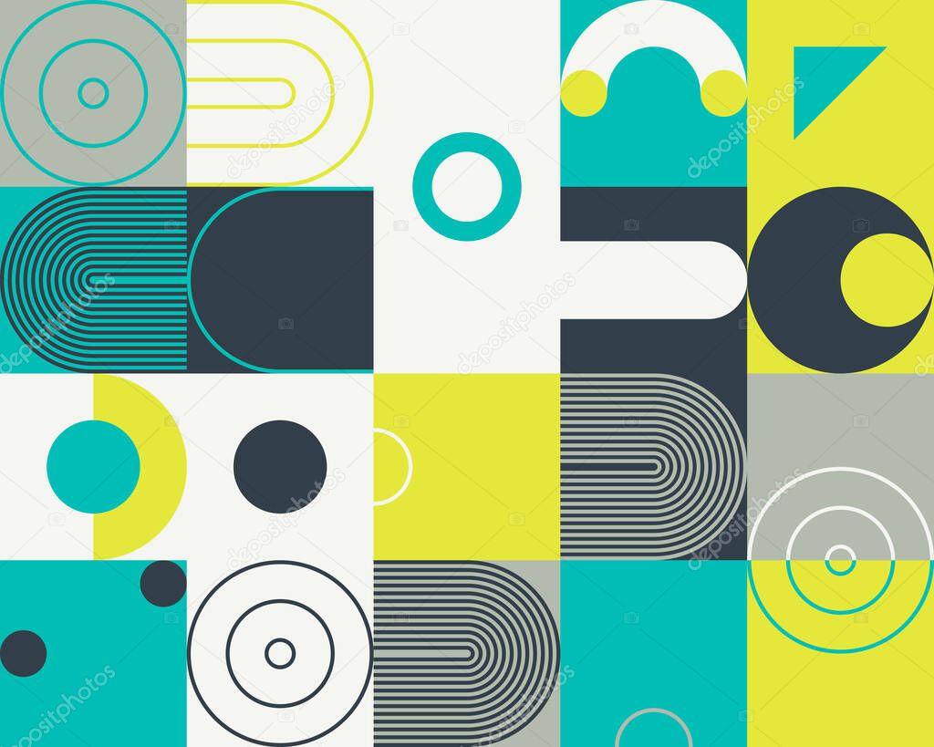 Memphis style inspired pattern design made with simple geometric shapes and figures. Vector geometric abstract composition useful for wallpaper decorations, presentations, fabrics textile design, etc