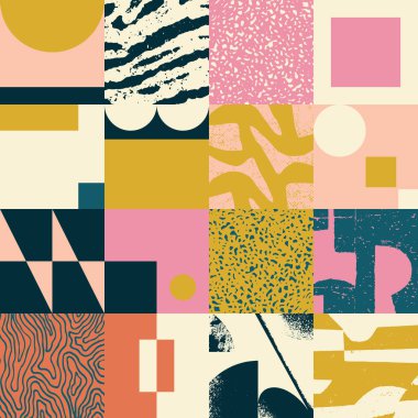 Soyut model tasarımında geometrik sıkıntı estetiği. Brutalizm basit geometrik şekiller ve grunge dokusuyla yapılmış, poster sanatı ve dijital baskılar için kullanışlı vektör grafikleri kolajından ilham almıştır..