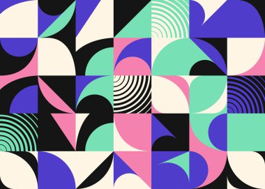 Basit geometrik soyut vektör deseni, basit şekil ve parlak neon renklerle. Geometrik grafik kompozisyonu, web tasarımı, kartvizit, davetiye, poster, tekstil baskısı, arkaplan.