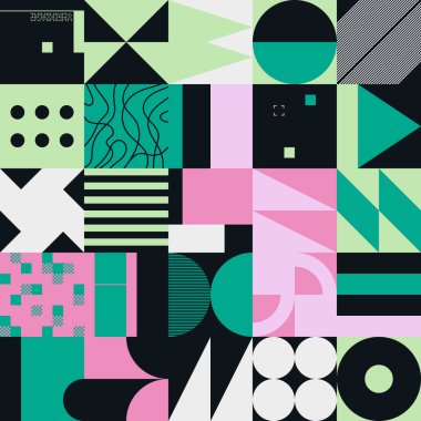 Geometrik şekil ve formlarla yapılmış basit vektör desenlerinin dijital grafik tasarımı, web sitesi başlığı, iş kartı, davetiye, poster, tekstil baskısı, arkaplan.