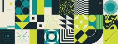 Soyut model tasarımında geometrik sıkıntı estetiği. Brutalizm basit geometrik şekiller ve grunge dokusuyla yapılmış, poster sanatı ve dijital baskılar için kullanışlı vektör grafikleri kolajından ilham almıştır..