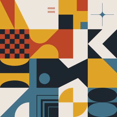 Basit şekilleri ve figürleri olan geometrik çizimler. Geometrik şekilli ve elementli soyut desenler. Web afişi, iş sunumu, marka paketi, kumaş baskısı için mükemmel.