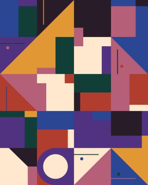 Basit şekiller ve parlak ve canlı renklerden oluşan soyut geometrik vektör deseni. Geometrik kompozisyon, web tasarımı için kullanışlı, kartvizit, davet, poster, tekstil baskısı, arkaplan.
