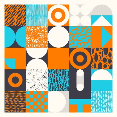 Soyut model tasarımında geometrik sıkıntı estetiği. Brutalizm basit geometrik şekiller ve grunge dokusuyla yapılmış, poster sanatı ve dijital baskılar için kullanışlı vektör grafikleri kolajından ilham almıştır..