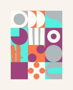 Basit şekiller ve parlak ve canlı renklerden oluşan soyut geometrik vektör deseni. Geometrik kompozisyon, web tasarımı için kullanışlı, kartvizit, davet, poster, tekstil baskısı, arkaplan.