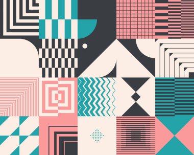 Arkaplanda basit çizgili şekiller olan geometrik vektör tasarımı. Geometrik elementli soyut desen grafikleri. Web afişi, iş sunumu, tekstil tasarımı, kumaş baskıları için mükemmel.