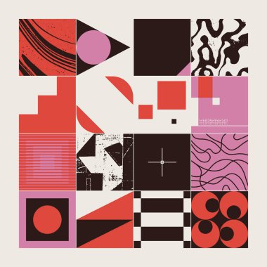 Soyut model tasarım kompozisyonunda yeni grunge estetiği. Basit geometrik şekiller ve dengeli dokularla yapılmış, poster sanatı ve dijital baskı için kullanışlı Brutalist ilhamlı vektör grafikleri kolajı.