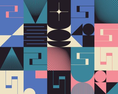 Basit şekilleri ve güzel renk paleti olan yüzyılın ortası geometrik soyut deseni. Basit geometrik desen kompozisyonu, web tasarımında en iyi kullanım alanı, kartvizit, davetiye, poster, tekstil baskısı.