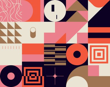 İskandinav esinlenilmiş çizimler basit geometrik şekiller ve renkli şekillerle yapılmış. Soyut vektör bileşimi, arka planlar için kullanışlı, poster tasarımı, kumaş baskıları, davet.