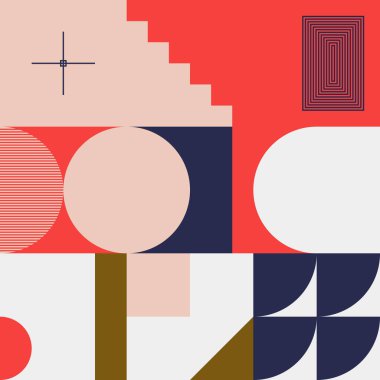 Basit şekiller ve parlak ve canlı renklerden oluşan soyut geometrik vektör deseni. Geometrik kompozisyon, web tasarımı için kullanışlı, kartvizit, davet, poster, tekstil baskısı, arkaplan.