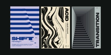 İsviçre tasarım poster koleksiyonunun meta modern estetiği. Brutalist sanat cesur tipografi ve soyut geometrik şekillerle yapılmış vektör grafik şablonu seti, albüm ve kapak baskıları için harika.