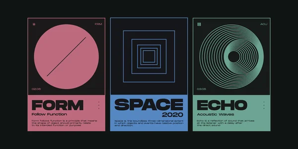 İsviçre tasarım poster koleksiyonunun meta modern estetiği. Brutalist sanat cesur tipografi ve soyut geometrik şekillerle yapılmış vektör grafik şablonu seti, albüm ve kapak baskıları için harika.