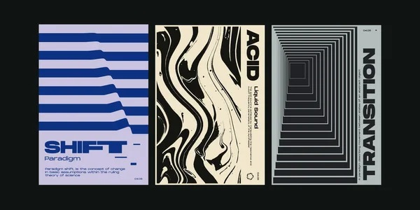 İsviçre tasarım poster koleksiyonunun meta modern estetiği. Brutalist sanat cesur tipografi ve soyut geometrik şekillerle yapılmış vektör grafik şablonu seti, albüm ve kapak baskıları için harika.
