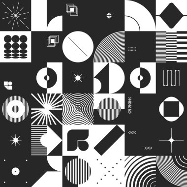 Siyah ve beyaz şekilli basit geometrik soyut vektör deseni. Geometrik grafik kompozisyonu, web tasarımı, kartvizit, davetiye, poster, tekstil baskısı, arkaplan.