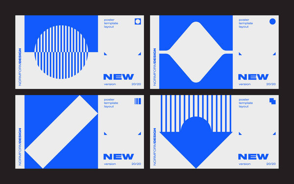 New modernism aesthetics in vector poster design cards. Brutalism inspired graphics in web template layouts made with abstract geometric shapes, useful for poster art, website headers, digital prints.