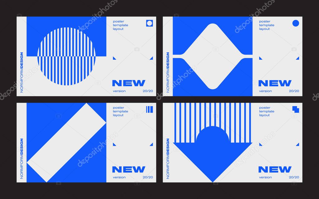 New modernism aesthetics in vector poster design cards. Brutalism inspired graphics in web template layouts made with abstract geometric shapes, useful for poster art, website headers, digital prints.