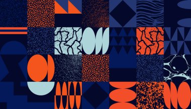 Soyut model tasarımında geometrik sıkıntı estetiği. Brutalizm basit geometrik şekiller ve grunge dokusuyla yapılmış, poster sanatı ve dijital baskılar için kullanışlı vektör grafikleri kolajından ilham almıştır..