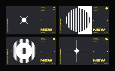 Vektör poster tasarım kartlarında yeni modernizm estetiği. Vahşilik, soyut geometrik şekillerle yapılmış web şablonu düzenlerinde ilham verici grafikler, poster sanatı, web başlıkları, dijital baskılar için kullanışlı.