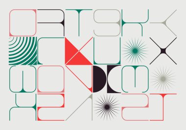 Soyut geometrik harflerle tipografik poster tasarımı kompozisyonu. İsviçre sanatı basit doğrusal tipografi ve minimalist şekil ve formlarla yapılmış vektör grafik şablonu.