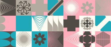 Neo Modernizm, soyut vektör geometrik şekil ve formlarla yapılmış. Basit form cesur grafik tasarımı, web sanatı, davetiye kartları, posterler, baskılar, tekstil, arka plan için kullanışlı.