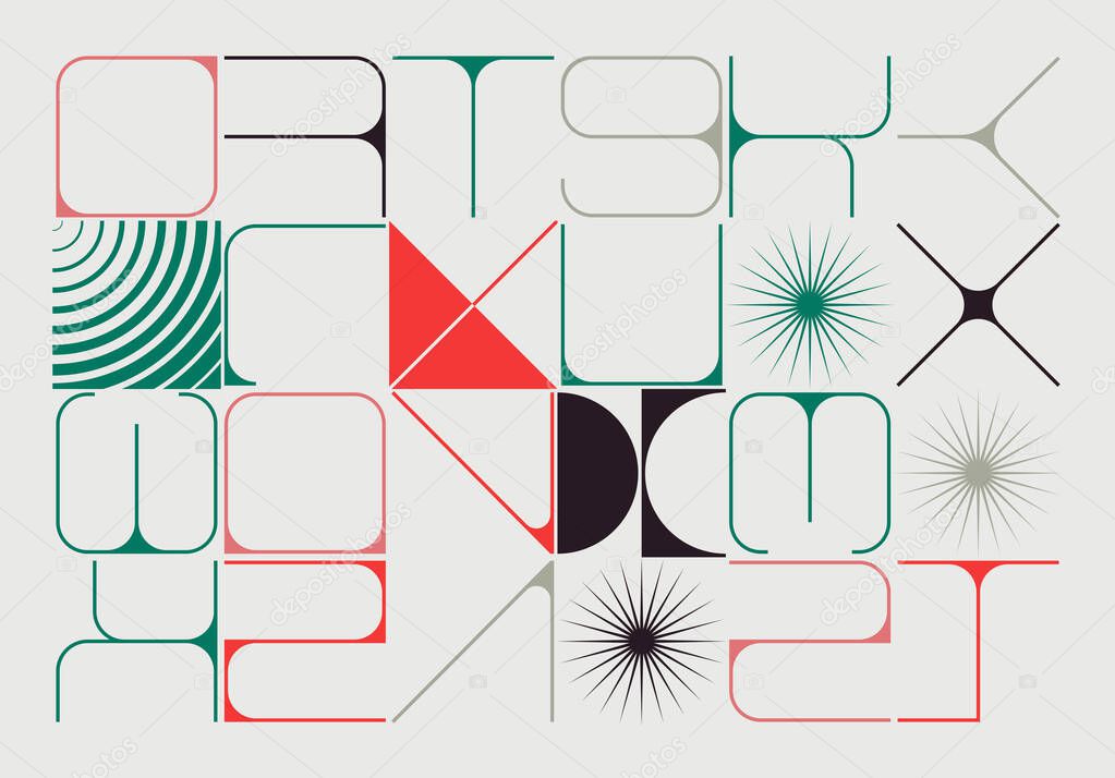 Typographic poster design composition with abstract geometric letters composition. Swiss art inspired vector graphic template made with simple linear typography and minimalist shapes and forms.