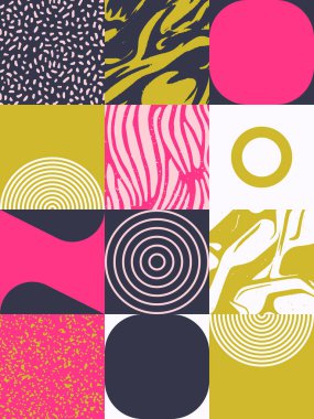 Soyut model tasarımında geometrik sıkıntı estetiği. Brutalizm basit geometrik şekiller ve grunge dokusuyla yapılmış, poster sanatı ve dijital baskılar için kullanışlı vektör grafikleri kolajından ilham almıştır..