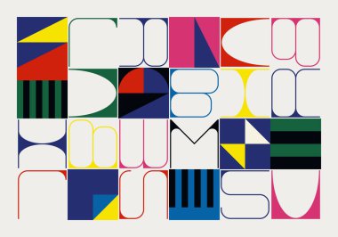 Soyut geometrik harflerle tipografik poster tasarımı kompozisyonu. İsviçre sanatı basit doğrusal tipografi ve minimalist şekil ve formlarla yapılmış vektör grafik şablonu.