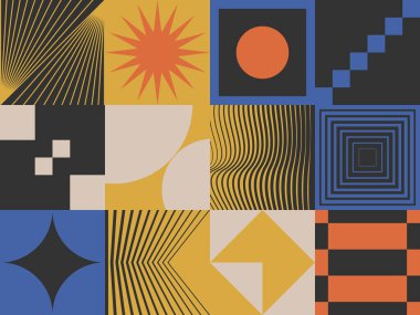 Basit şekilleri ve figürleri olan geometrik çizimler. Geometrik şekilli ve elementli soyut desenler. Web afişi, iş sunumu, marka paketi, kumaş baskısı için mükemmel.