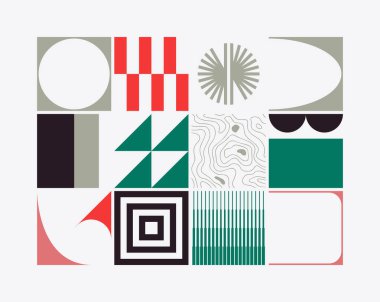 Soyut model tasarım kompozisyonunda yeni bir retro estetik. Sanat deco ilham verici vektör grafikleri kolajı basit geometrik şekiller ve grunge dokuları ile yapılır, poster sanatı ve dijital baskılar için kullanışlıdır.