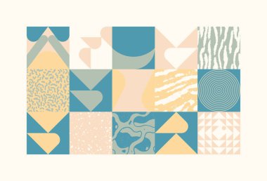 New grunge aesthetics in abstract pattern design composition. Brutalist inspired vector graphics collage made with simple geometric shapes and offset textures, useful for poster art and digital print. clipart