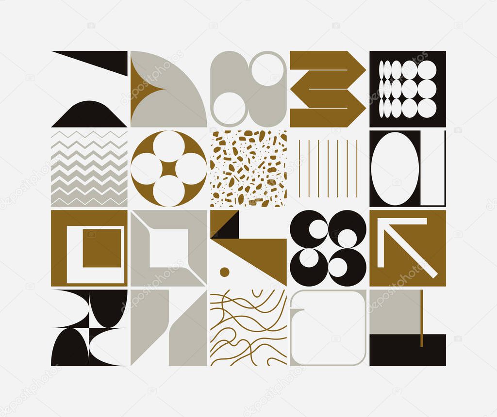 New retro aesthetics in abstract pattern design composition. Art deco inspired vector graphics collage made with simple geometric shapes and grunge textures, useful for poster art and digital prints.