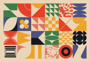 Soyut model tasarım kompozisyonunda yeni bir retro estetik. Sanat deco ilham verici vektör grafikleri kolajı basit geometrik şekiller ve grunge dokuları ile yapılır, poster sanatı ve dijital baskılar için kullanışlıdır.