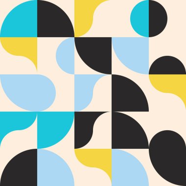 Basit şekiller ve parlak ve canlı renklerden oluşan soyut geometrik vektör deseni. Geometrik kompozisyon, web tasarımı için kullanışlı, kartvizit, davet, poster, tekstil baskısı, arkaplan.