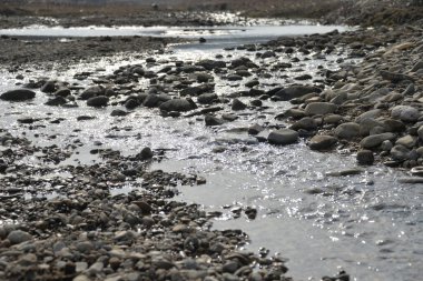 Öğleden sonra deniz kıyıları dalgalar ve su sıçramalarıyla, deniz kıyıları taşlarla.