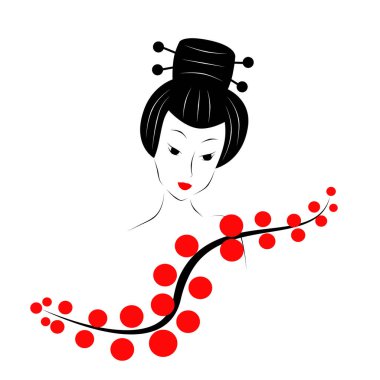 Beyaz bir arka planda dalları olan güzel bir Japon kızın deseni.