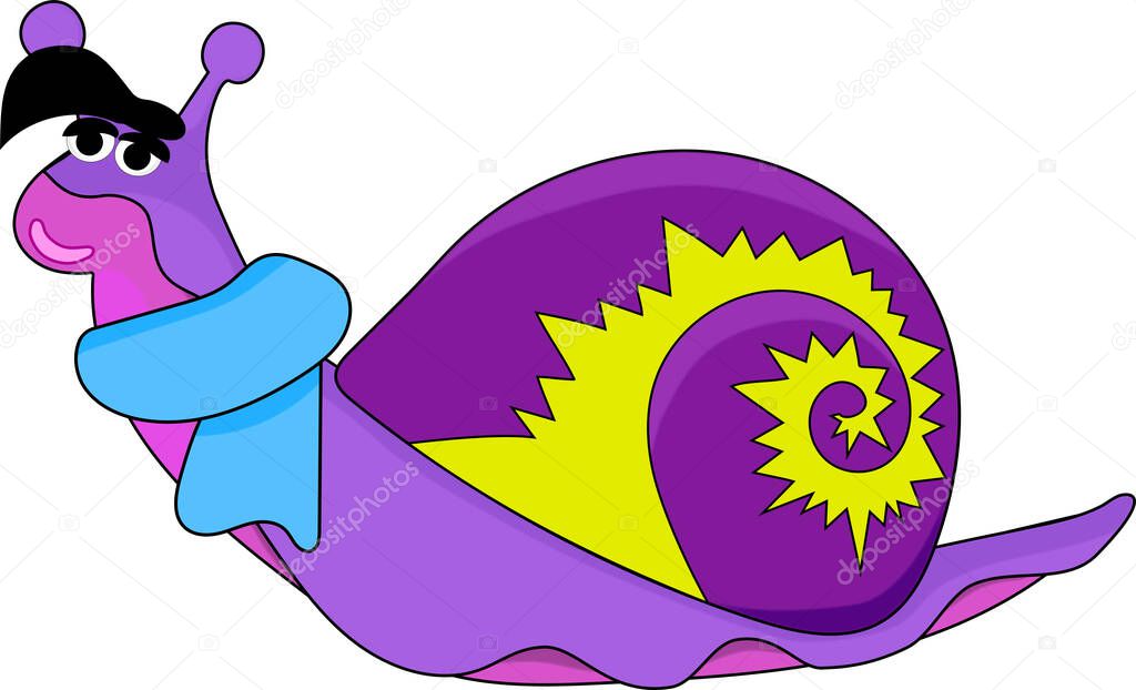 funny multicolored snail girl or boy crawling on a white background