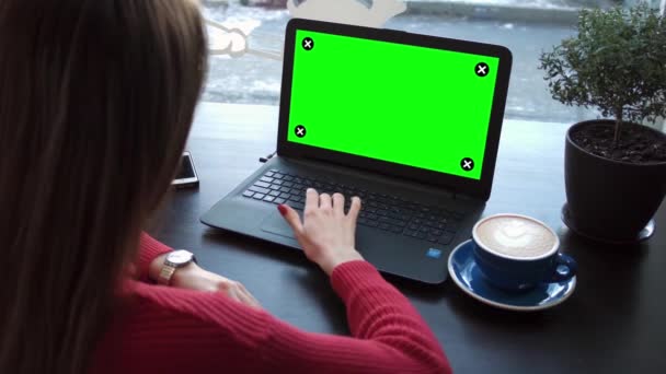 Een Meisje Kijkt Naar Een Laptop Met Een Groen Scherm — Stockvideo