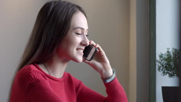 Young Girl Speaks Phone Girl Talking Phone Smiling — Stock Video