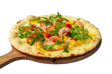 Karides ve beyaz arka plan üzerinde izole biber pizza